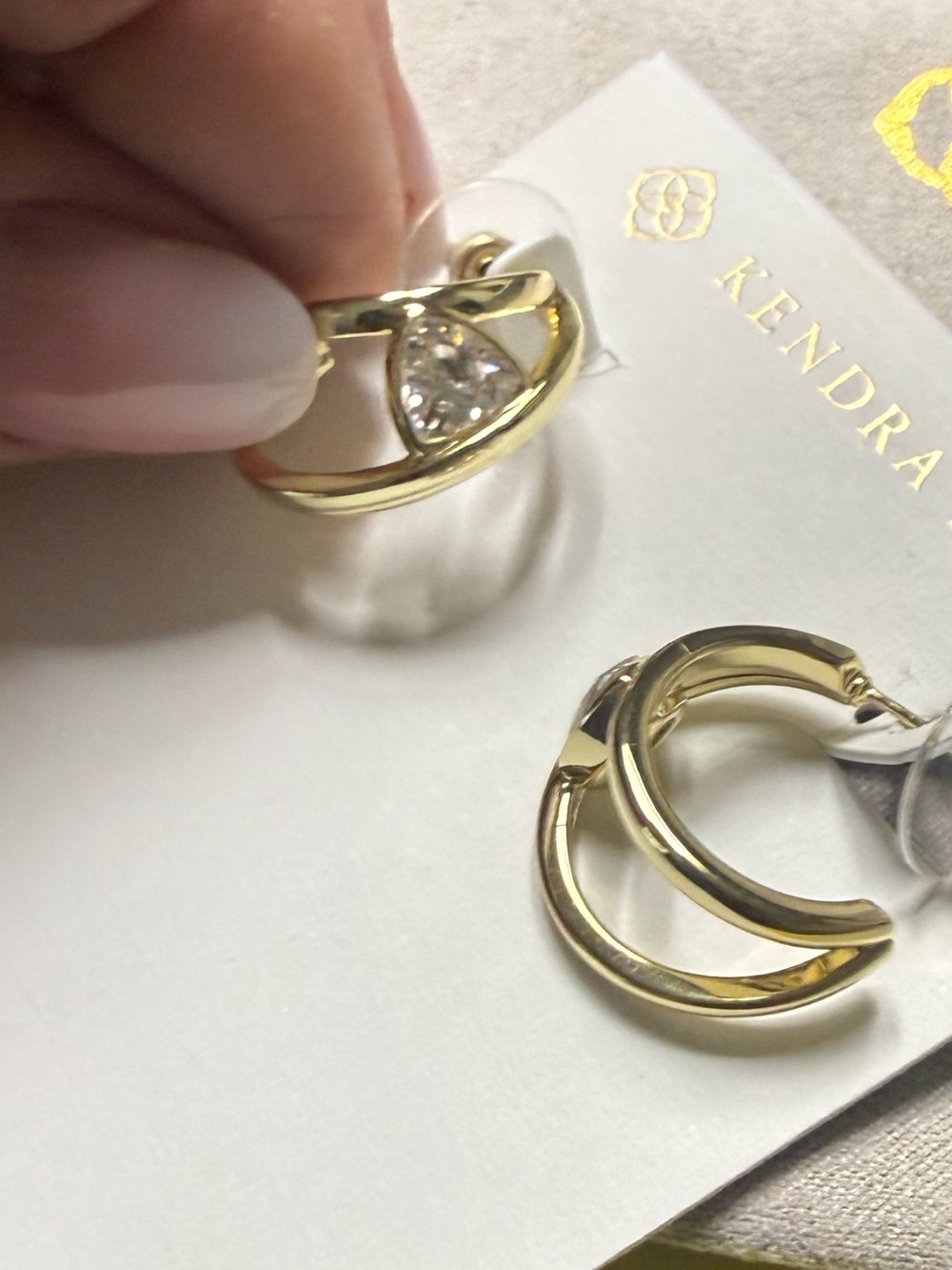 Kendra Scott Gold Hoop Earrings with Clear Trillion Stone New with tags. - Picture 2 of 7